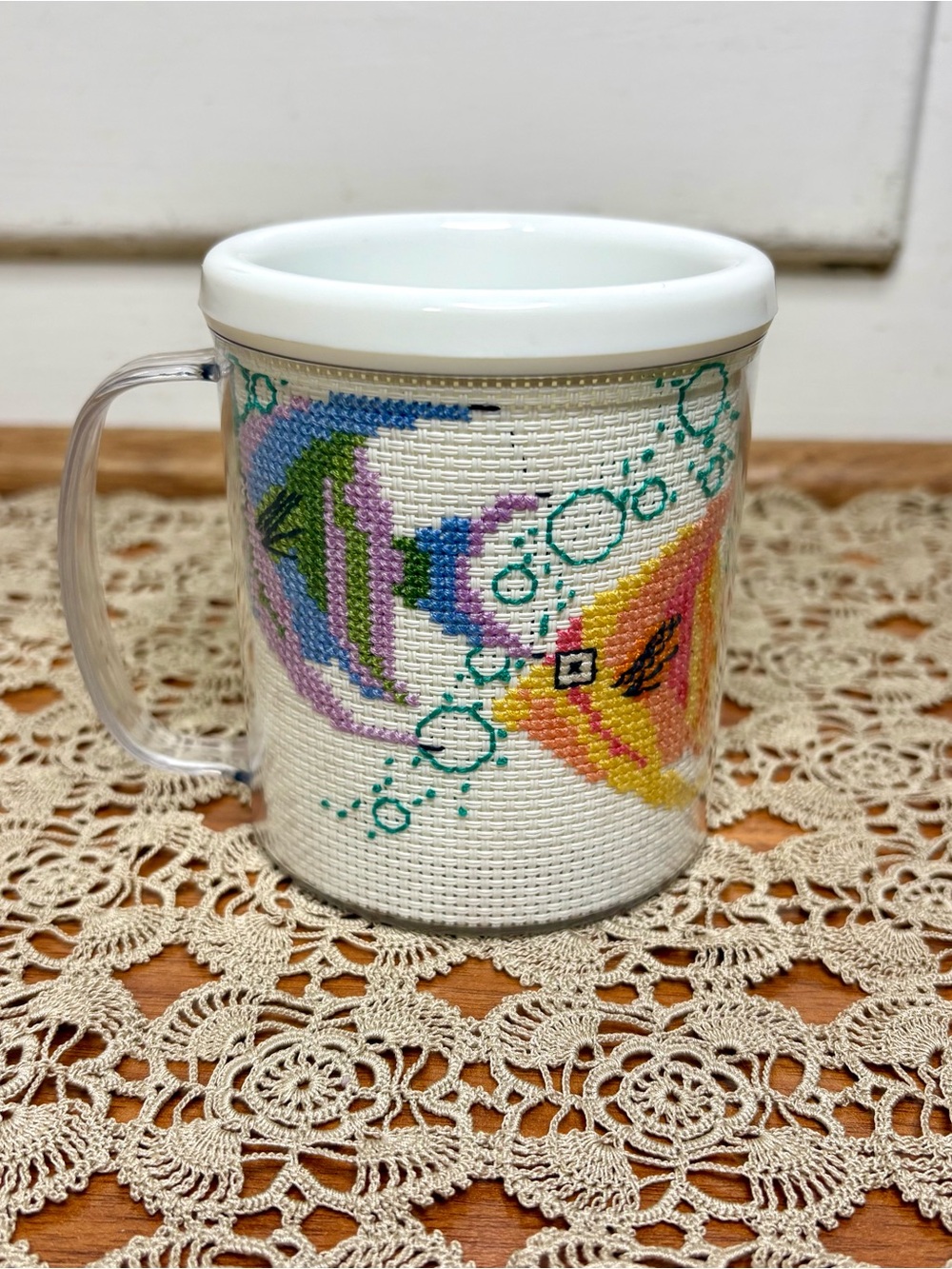 Vintage 80s/90s Plastic Cross Stitch Fish Mug Coffee Cup